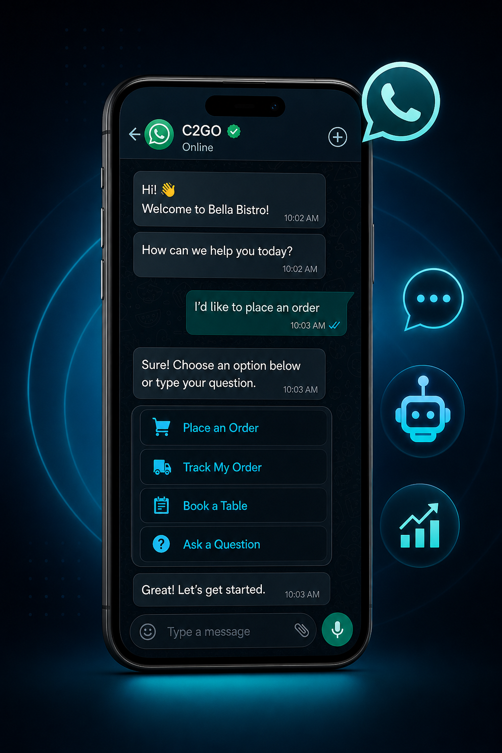 C2GO WhatsApp ordering chat on a smartphone — place an order, track an order, book a table, or ask a question
